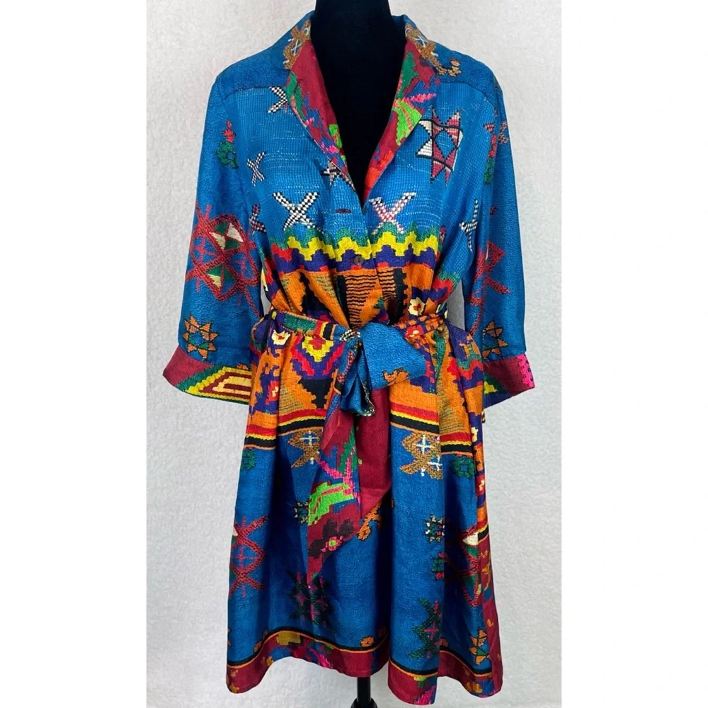 PIERRE-LOUIS MASCIA • Blue/Multi Ethnic 100% Silk Mini Dress, M - Picture 16 of 16